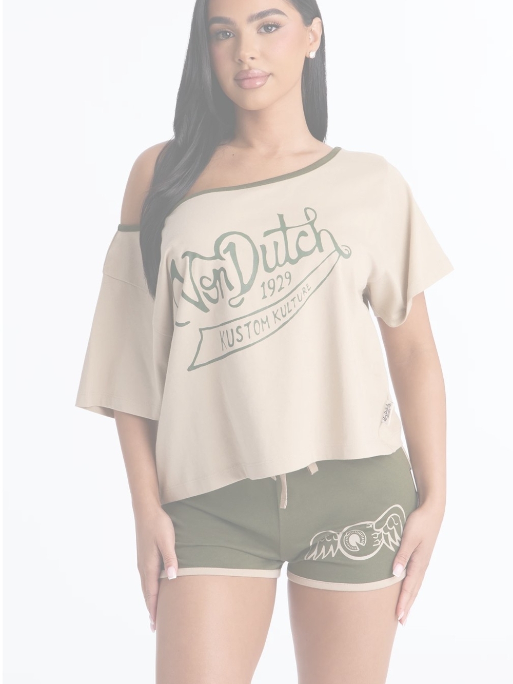 Von Dutch Beige Off-Shoulder Tee with Olive Logo Trim And Shorts Set